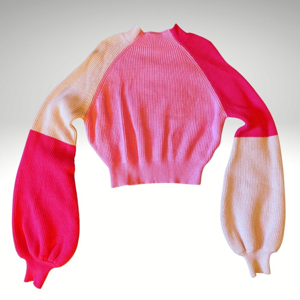 Showpo Pink Colorblock Knit Sweater Bell Sleeve Cropped Top